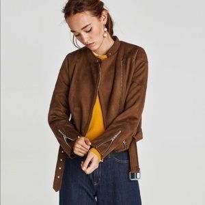 NWT Zara Cognac Faux Suede Moto Jacket